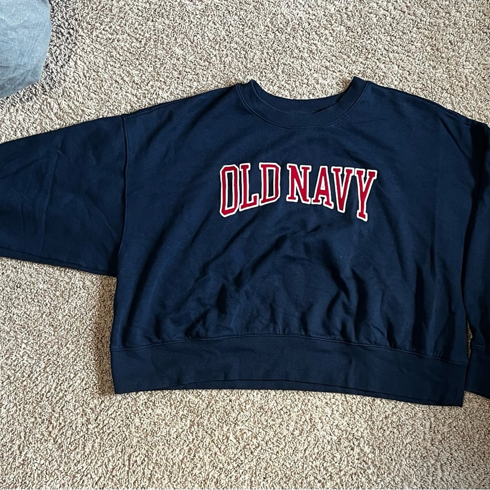 Old Navy Navy Blue Crew Neck Sweater with Red Lettering